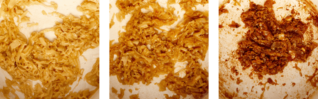 different colors for caramelized onions: blonde, golden brown, dark golden brown
