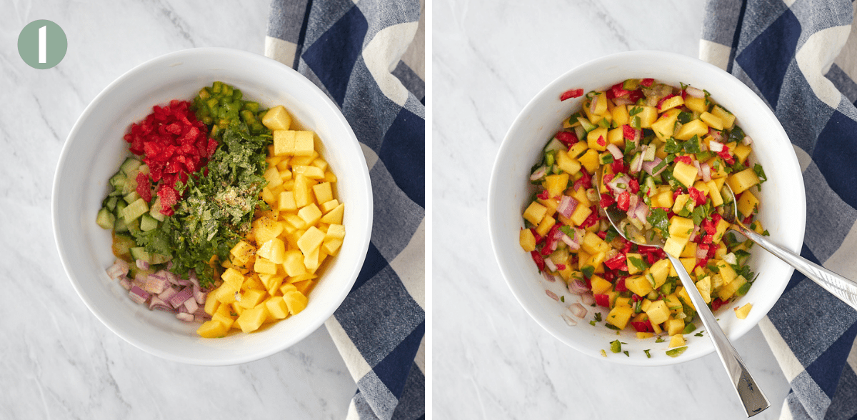 mango salsa process shot - image of ingredients in a bowl before being combined and image of ingredients after being gently combined