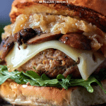pinterest pin for caramelized onion mushroom swiss turkey burger