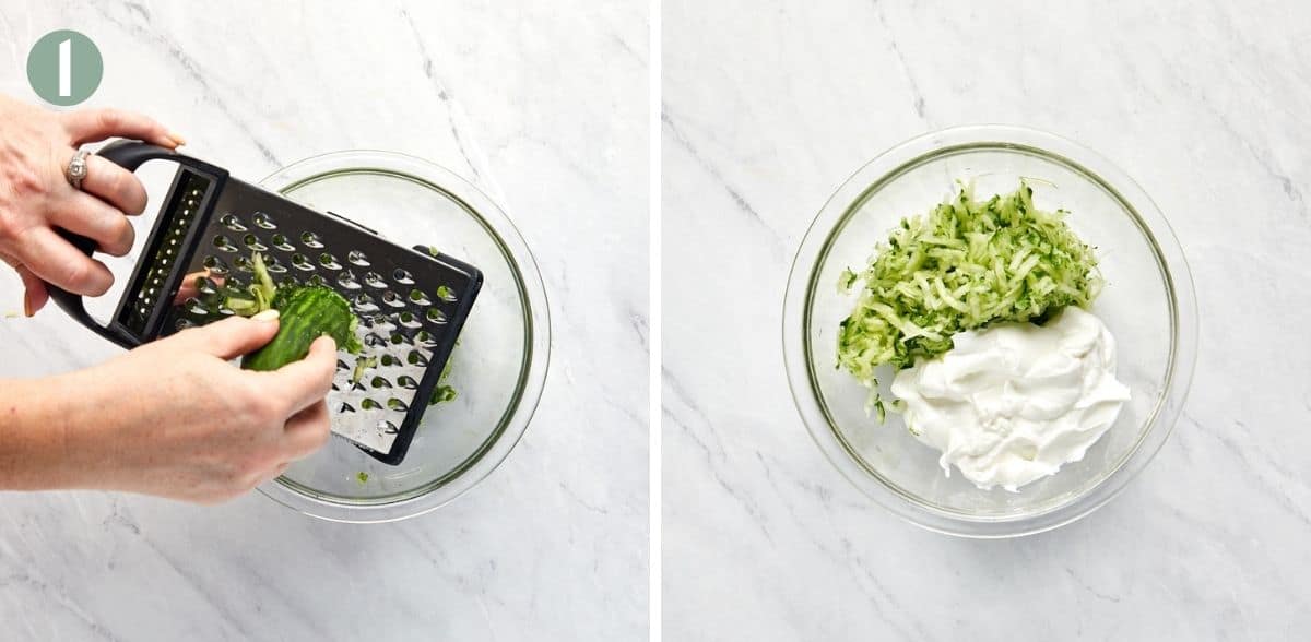 process shot for step 1 - grating the cucumber using a box grater and combining it with the yogurt