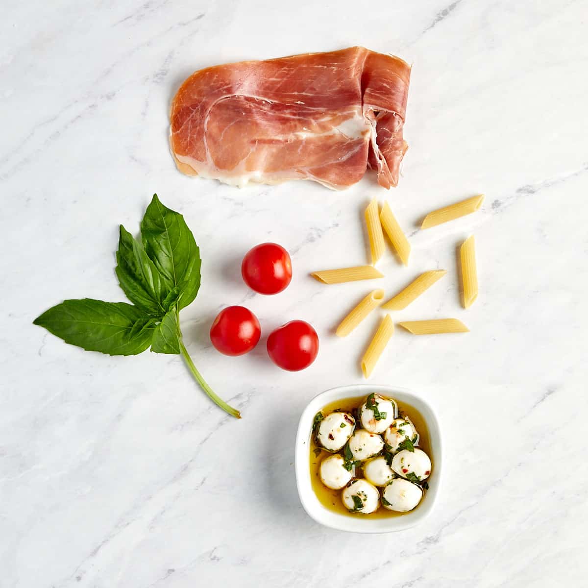 ingredients for caprese pasta salad with prosciutto