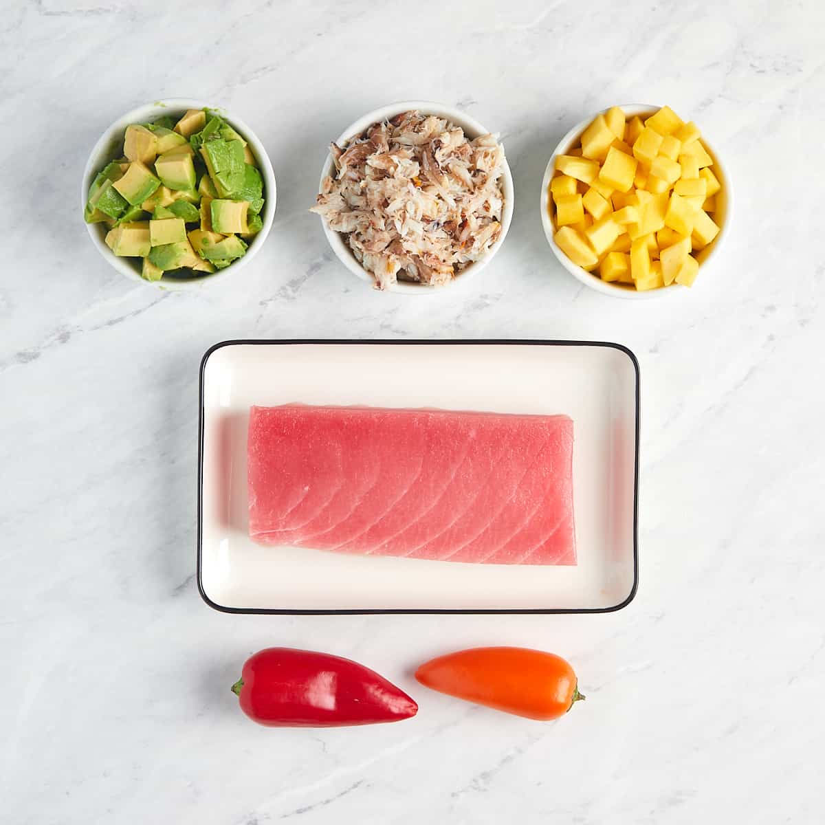 ingredients for crab and ahi tuna tower
