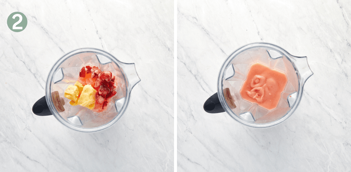 step 2 - frozen rose mixture, frozen strawberries and frozen pineapple in a blender prior to blending and then an image of it after blending