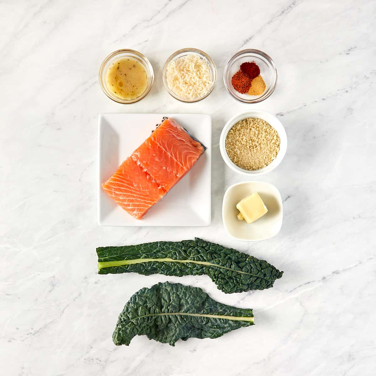 ingredients for kale caesar salad with salmon