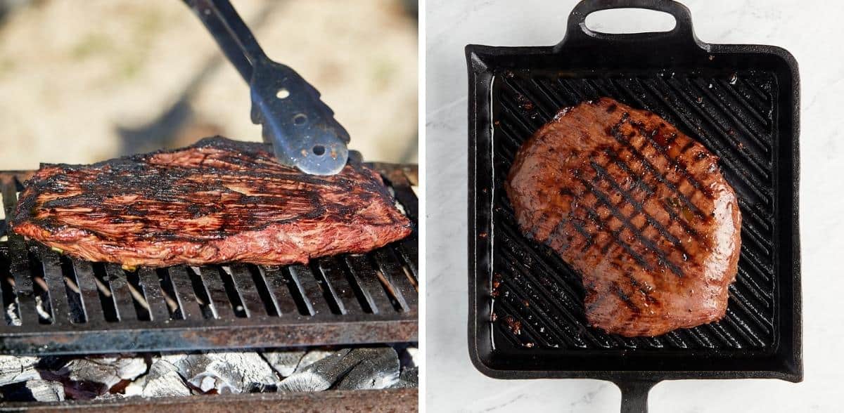 flank steak on charcoal grill and flank steak on cast-iron indoor grill