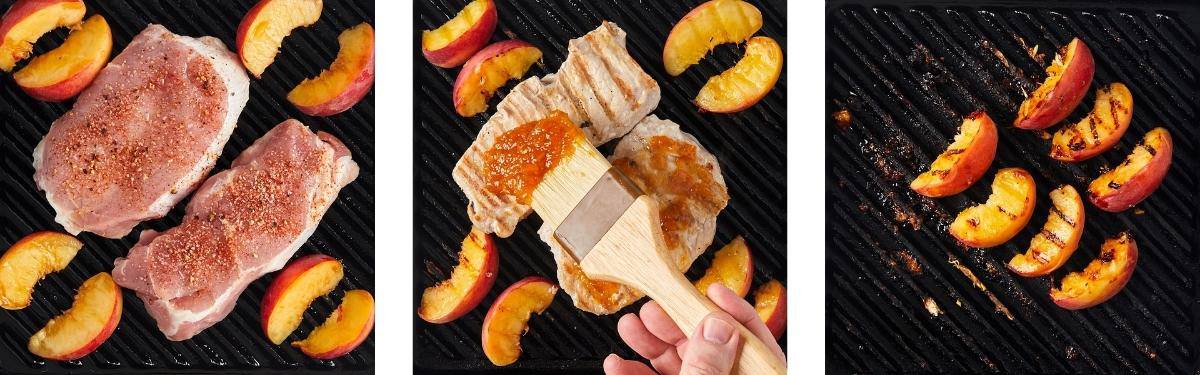 pork and peaches being grilled on a cast-iron grill pan. pork is being braised with peach glaze