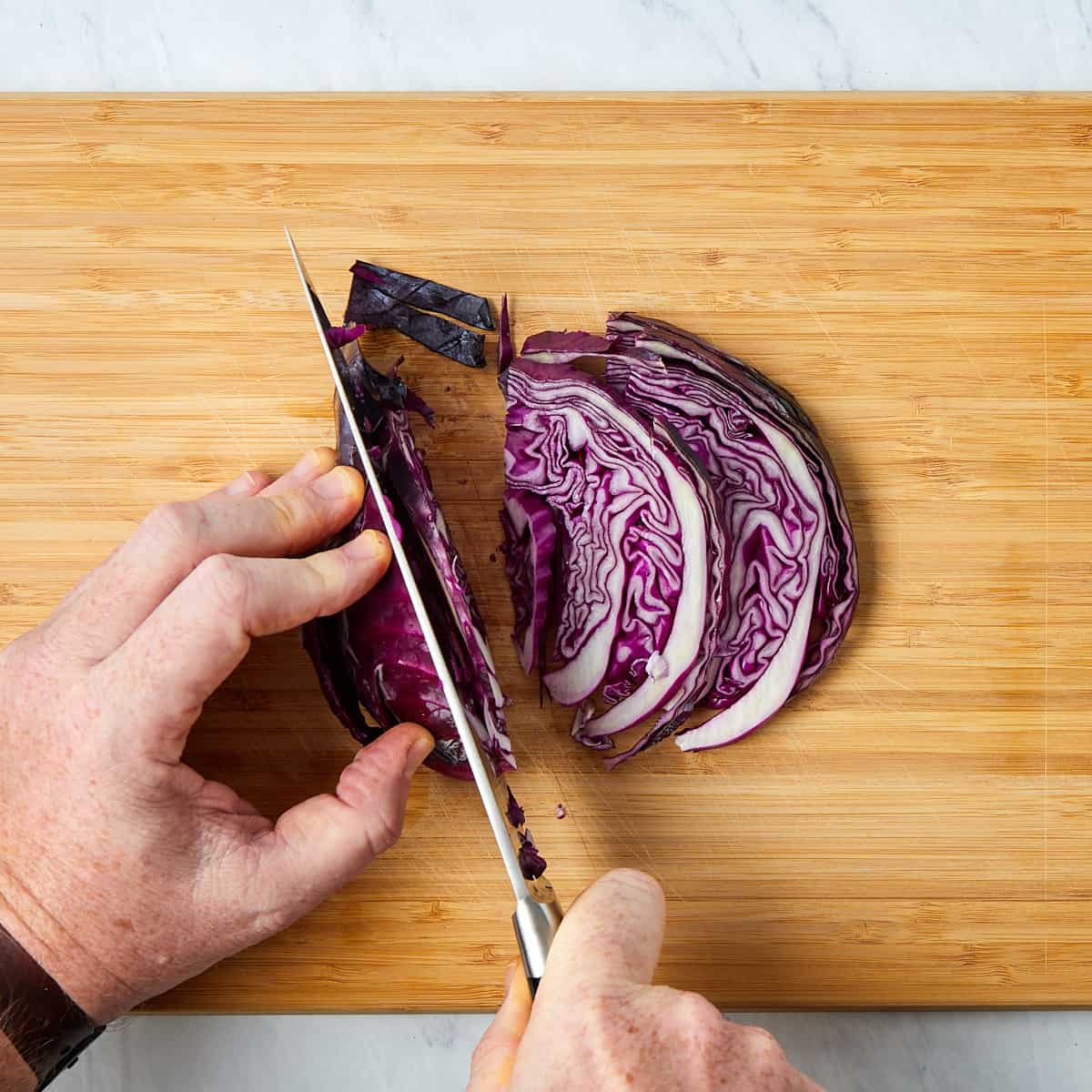 red cabbage being cut