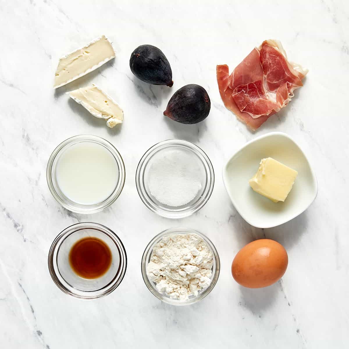 ingredients for fig, brie, and prosciutto crepes