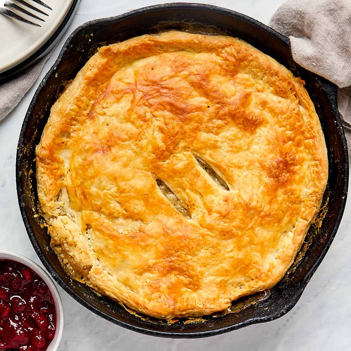 baked pot pie in cast iron skillet