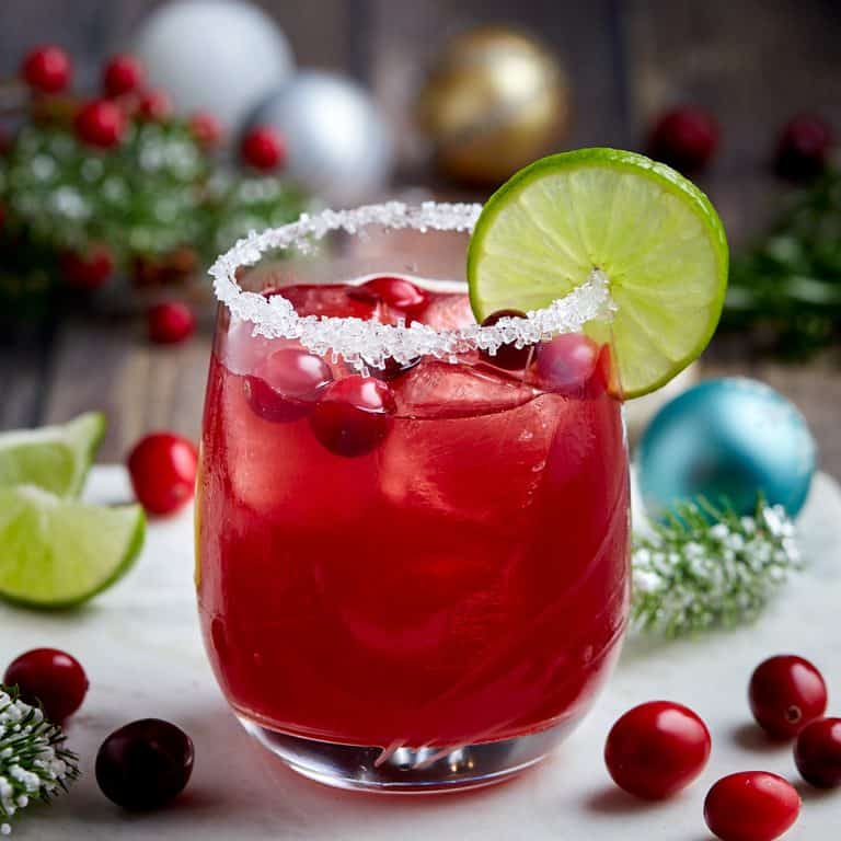 margarita in a glass garnished with cranberry and limes