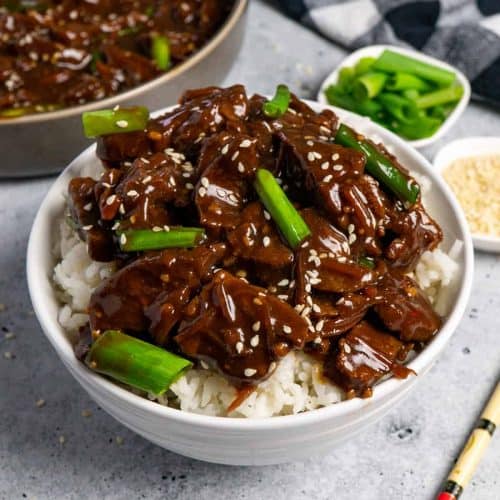 shot of mongolian beef with rice in a bowl