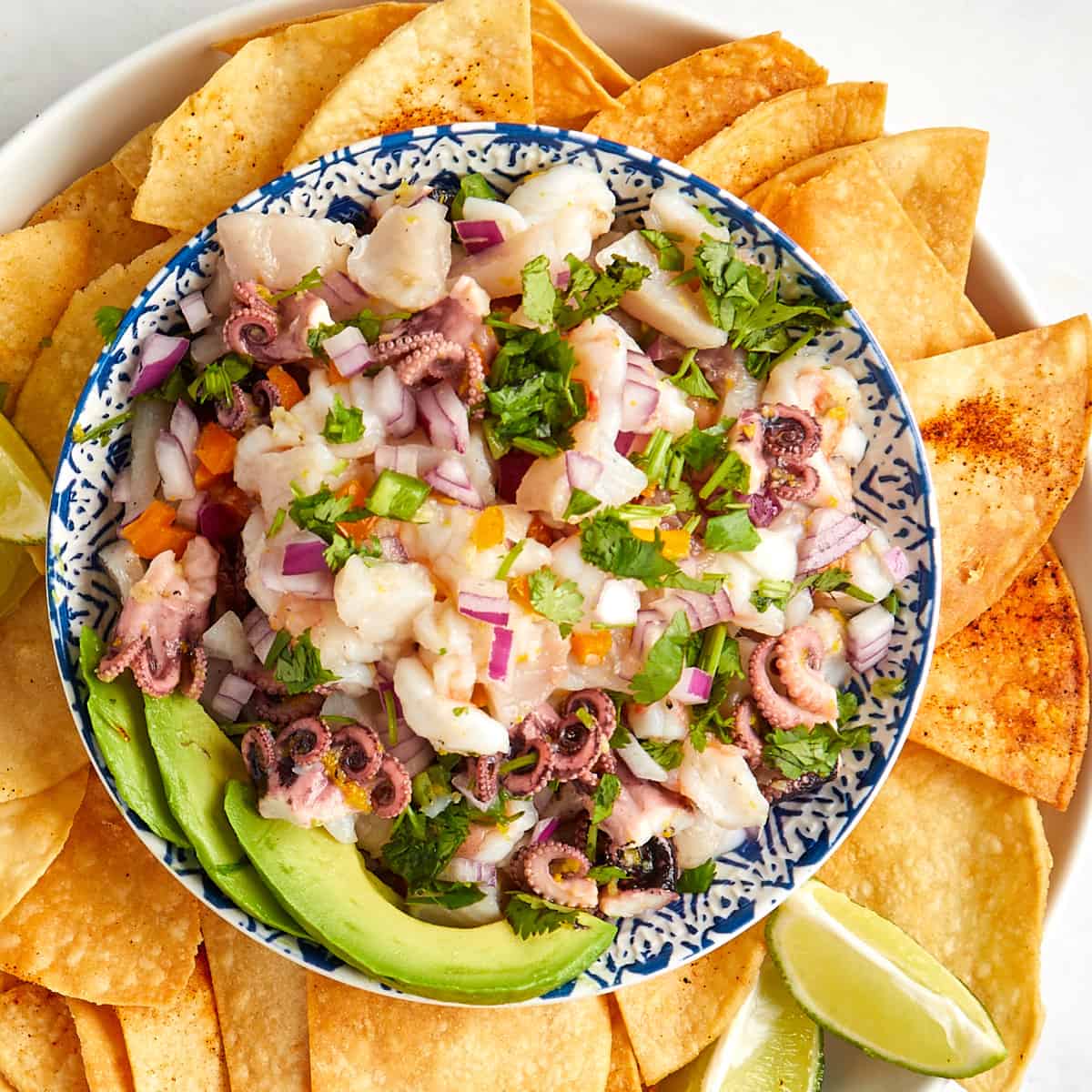 octopus ceviche in a bowl surrounded by chips and a side of avocado