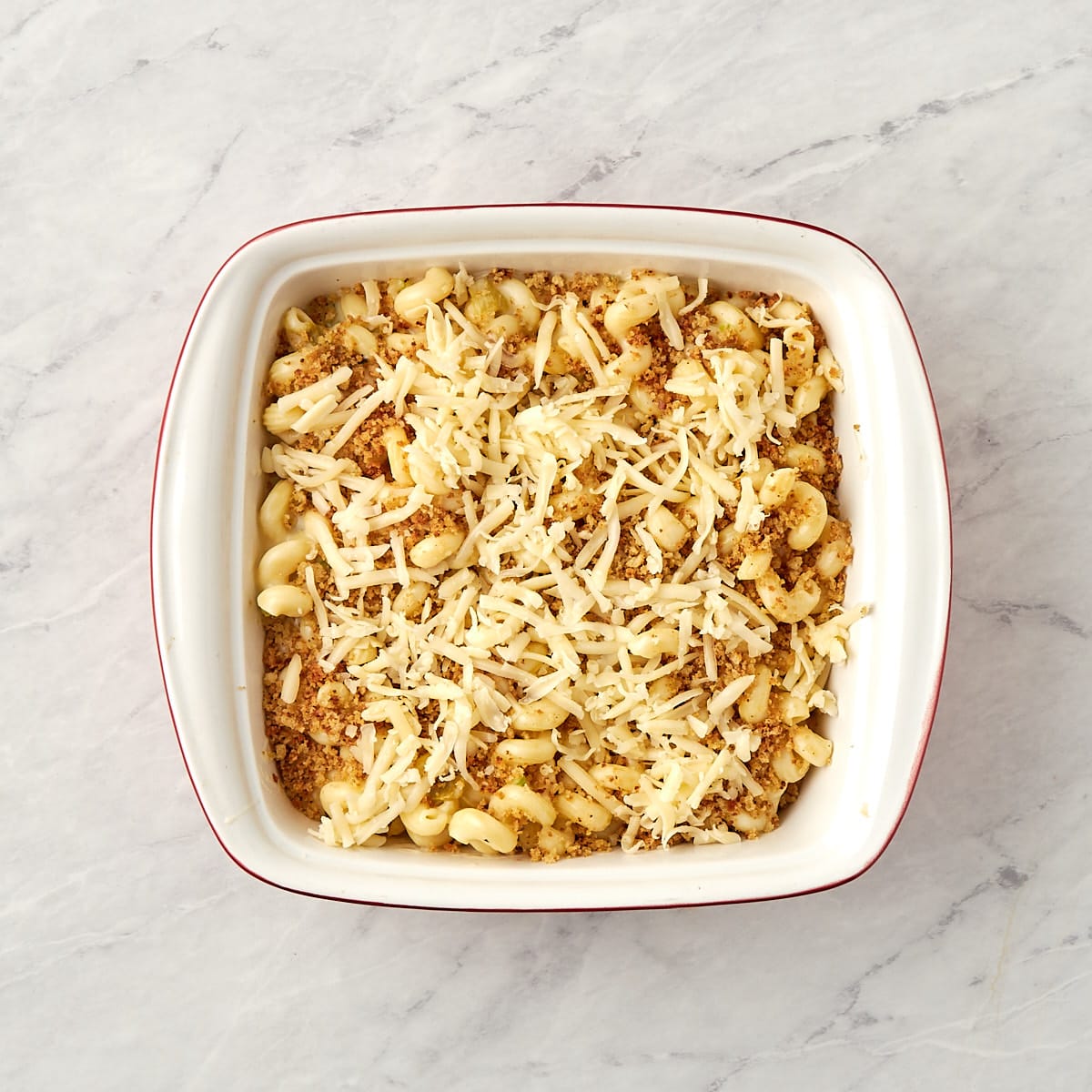 unbaked hatch mac and cheese in a casserole dish.