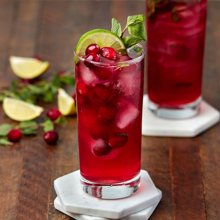cranberry mojito garnished with a lime wheel and mint in a tall glass.