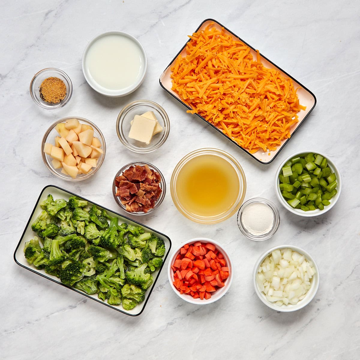 ingredients for broccoli cheese bacon soup.