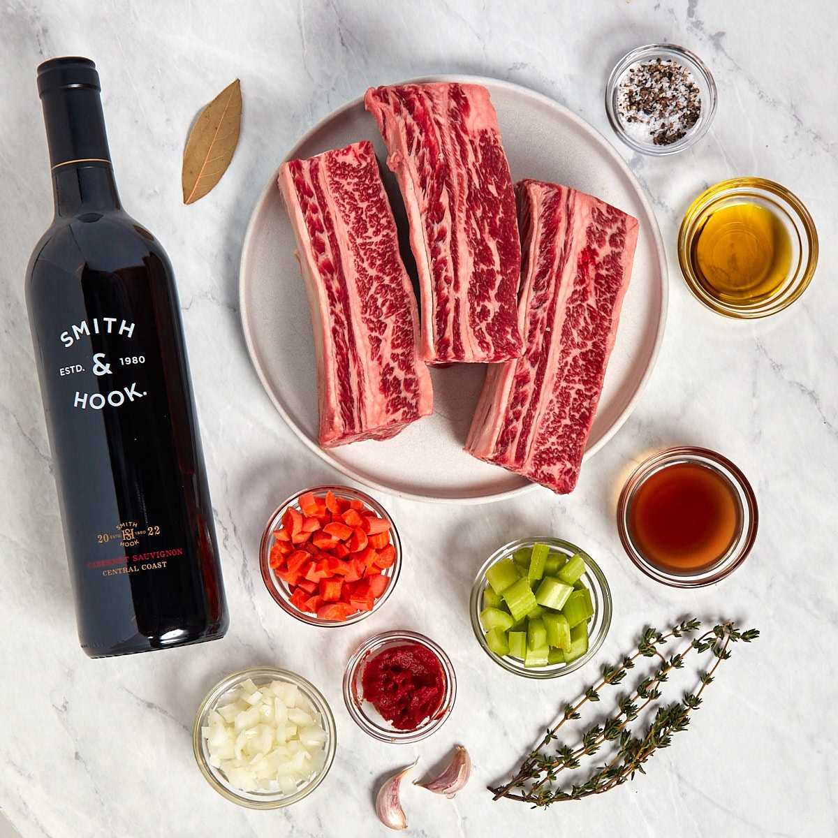 ingredients for red wine braised short ribs.