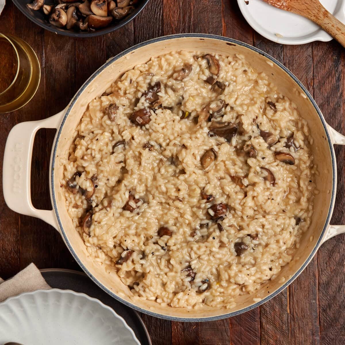 finished mushroom truffle risotto in a braiser.