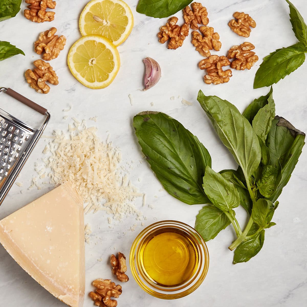 ingredients for basil walnut pesto.