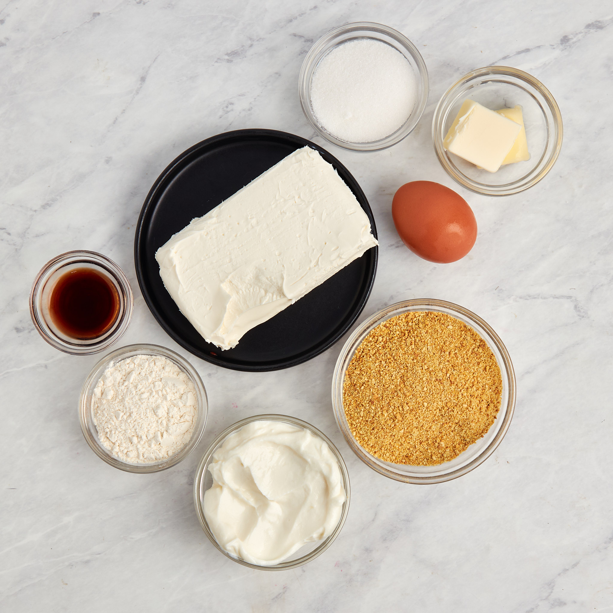 ingredients for classic New York cheesecake.