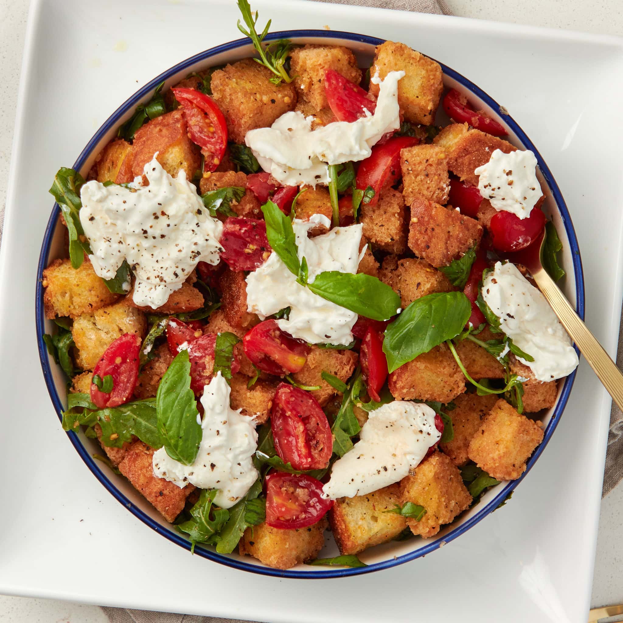 panzanella salad served on a white plate garnished with fresh basil.