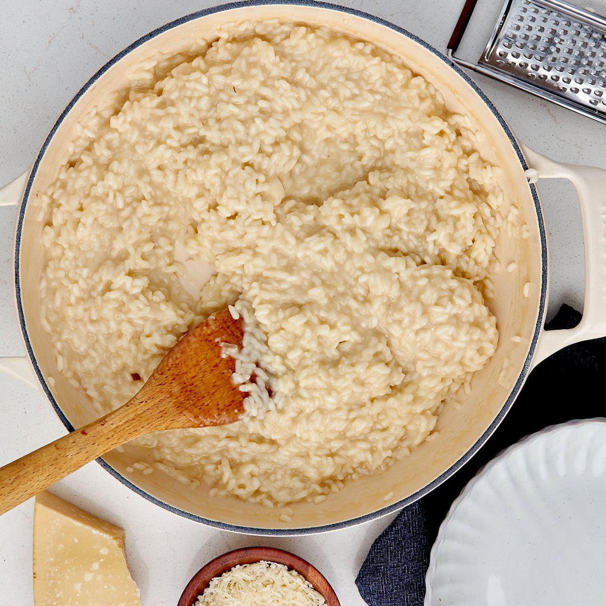 finished risotto in a braiser.